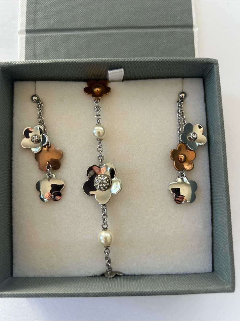 Floral Mixed Metal with Pearl Accents Matching Bracelet and Earrings